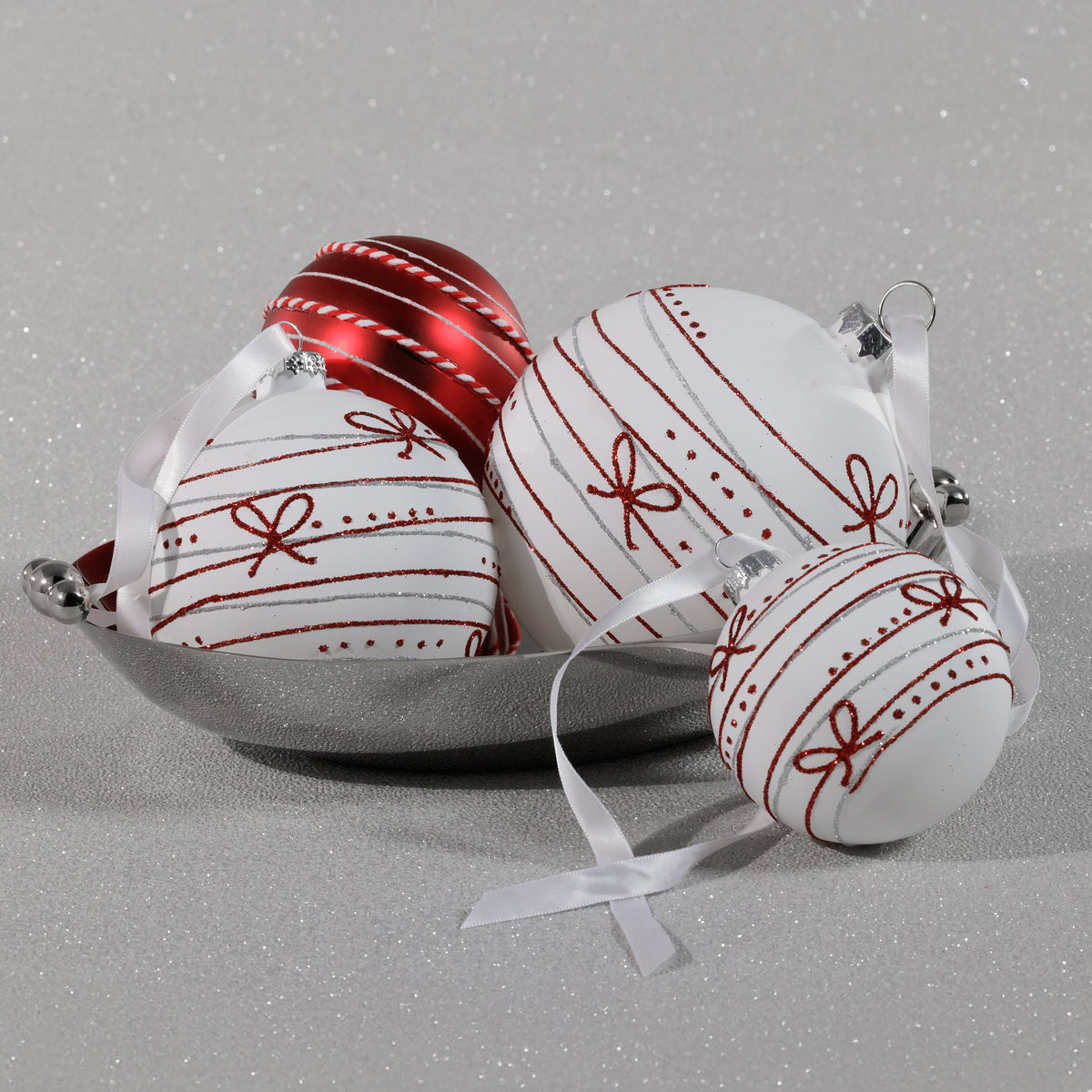 Zodax 4-Piece Set Matte 4.75" Glass Christmas Ball Ornaments with Red Ribbon Design