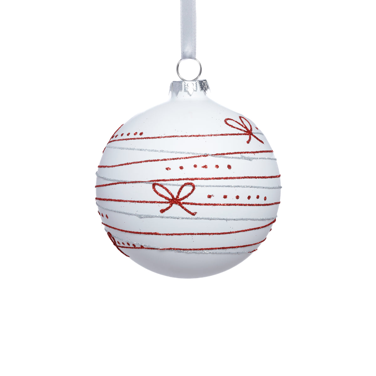Zodax 4-Piece Set Matte 4.75" Glass Christmas Ball Ornaments with Red Ribbon Design