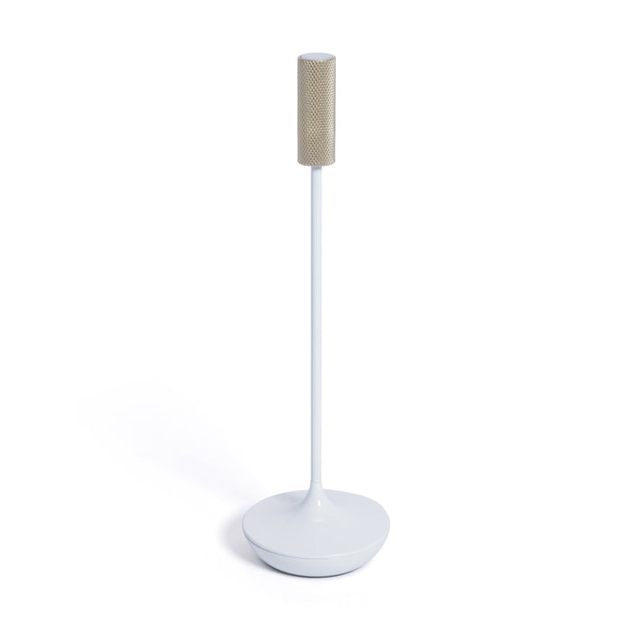 White floor lamp with a textured beige shade on a white background