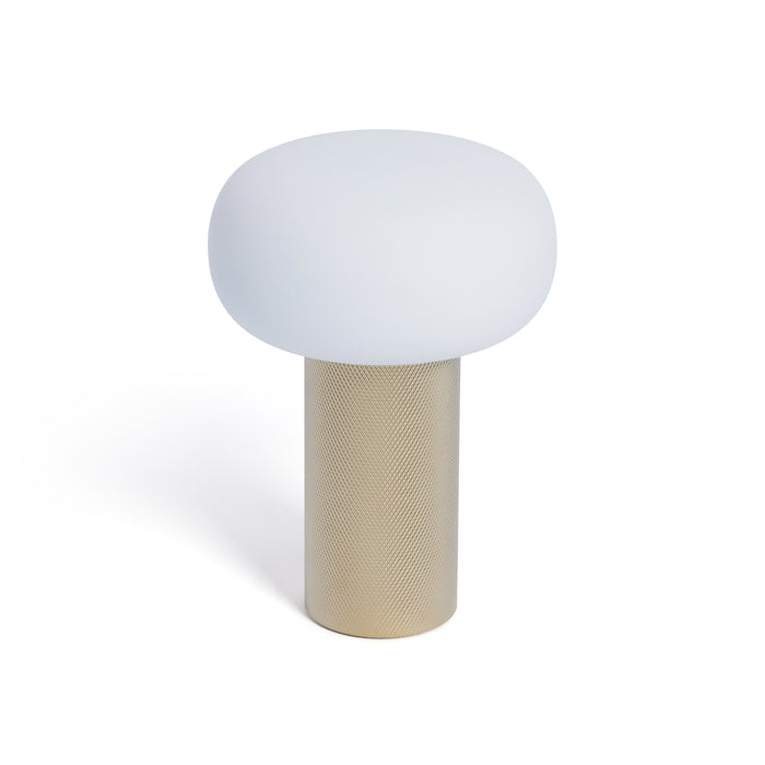 Round white top and beige cylindrical base on a white background