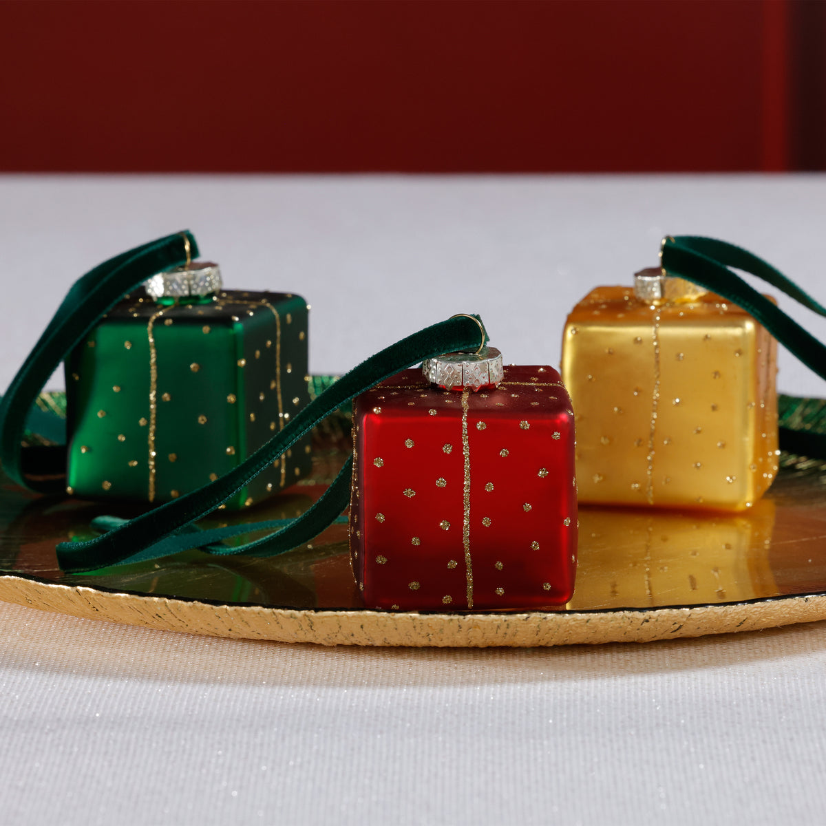 Zodax Glass Gift Box Holiday Ornaments, 12 Hanging Pieces (4 Sets of 3)