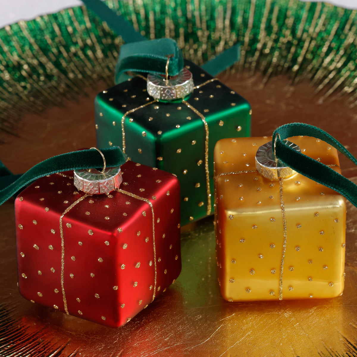 Zodax Glass Gift Box Holiday Ornaments, 12 Hanging Pieces (4 Sets of 3)
