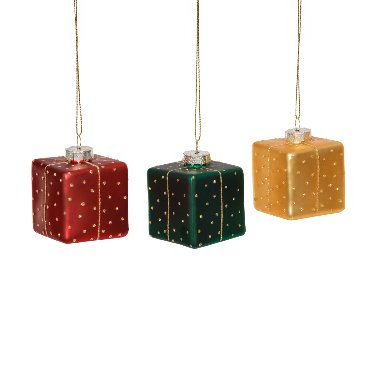Zodax Glass Gift Box Holiday Ornaments, 12 Hanging Pieces (4 Sets of 3)