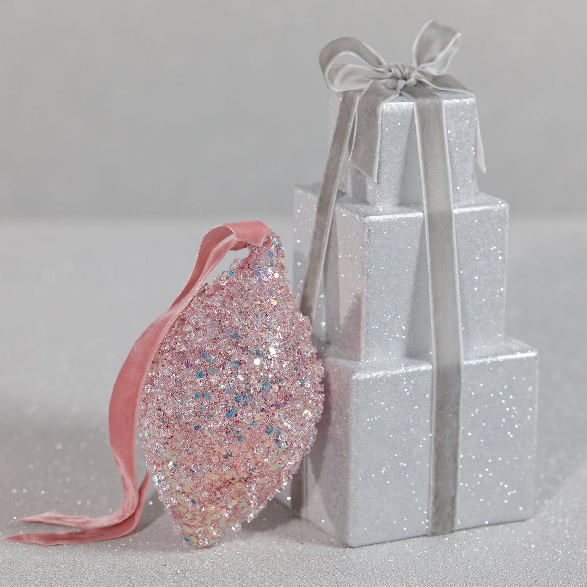 Zodax Beaded Pink Tear Drop Glass Holiday Hanging Ornaments, Set of 12