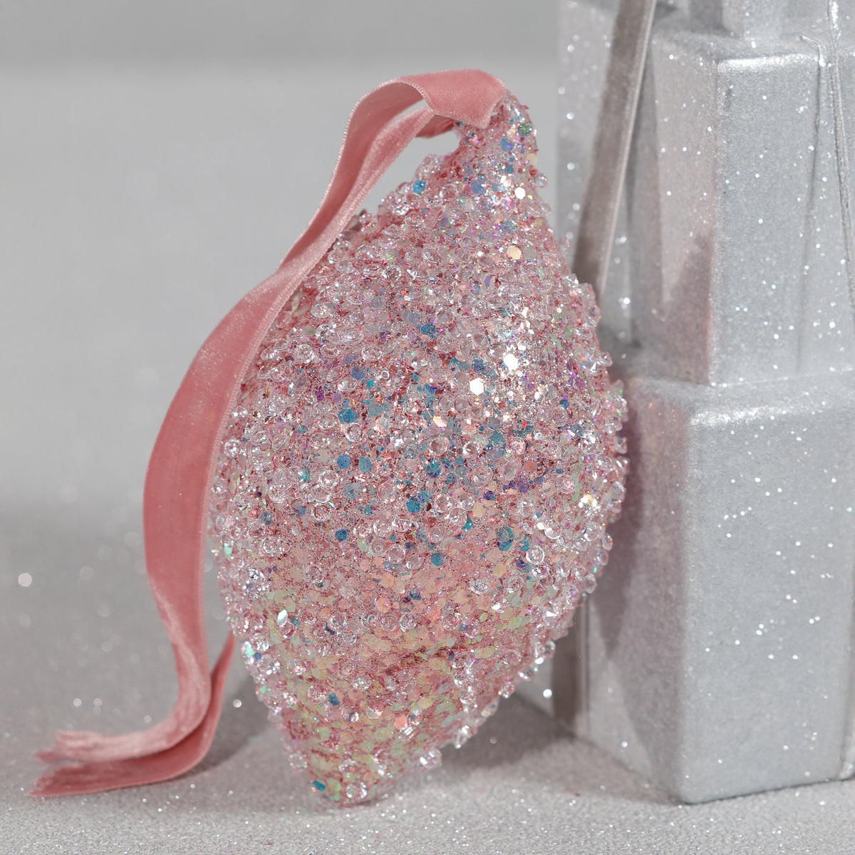 Zodax Beaded Pink Tear Drop Glass Holiday Hanging Ornaments, Set of 12