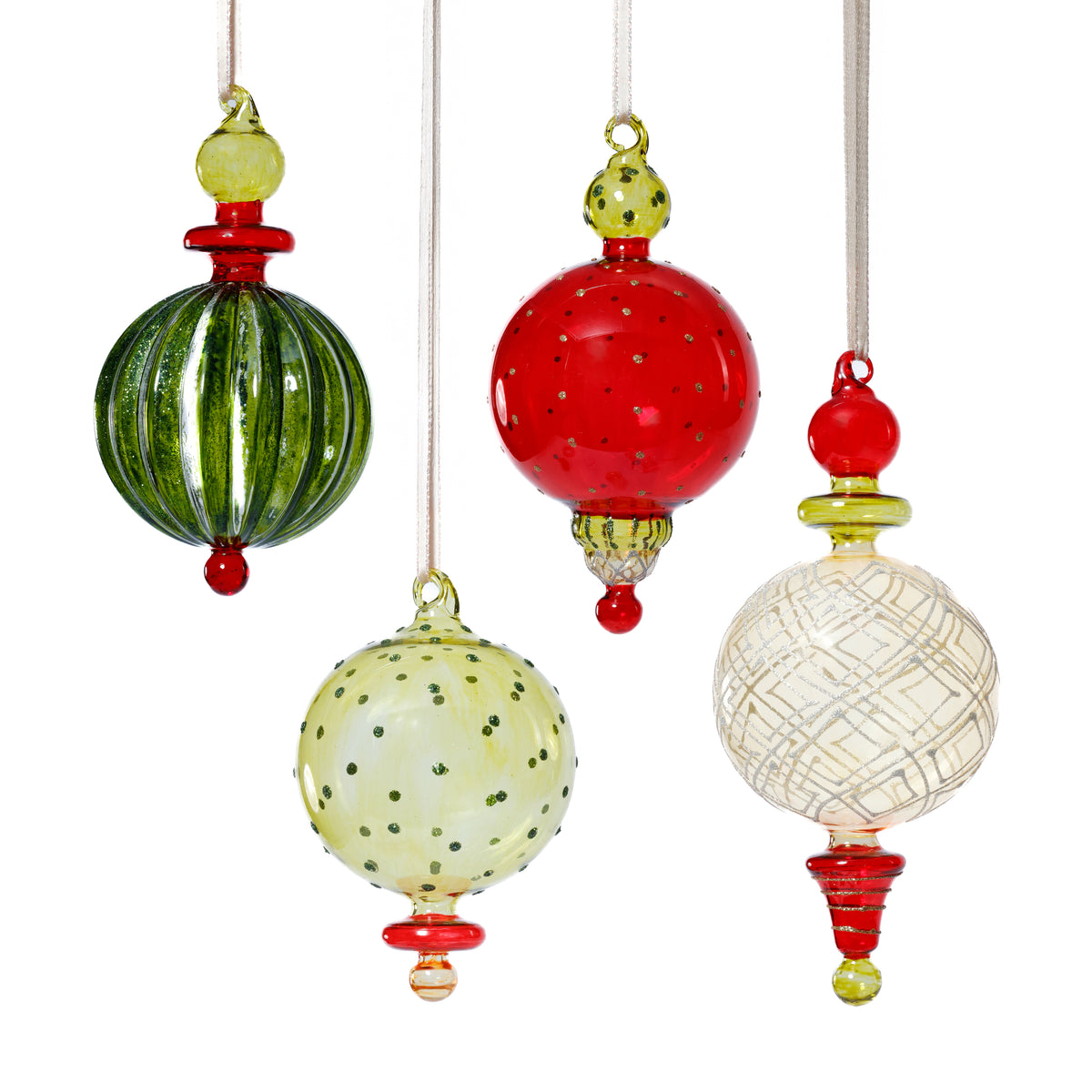 Zodax Festive Glass Holiday Hanging Ornaments, Set of 4 Assorted