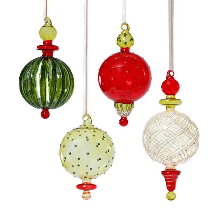 Zodax Festive Glass Holiday Hanging Ornaments, Set of 4 Assorted
