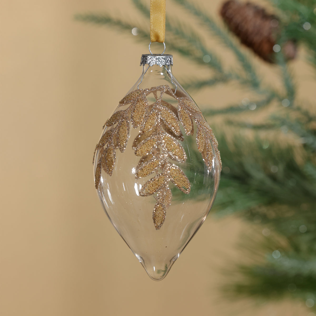Zodax Glass Ornaments with Gold Beaded Leaf Design, Set of 6