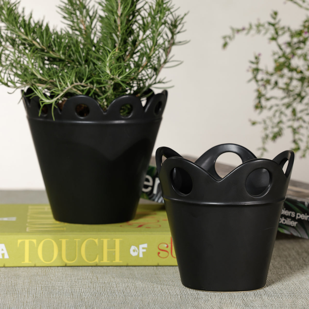 Zodax Petal Rim Black Ceramic Flower Pot, Small