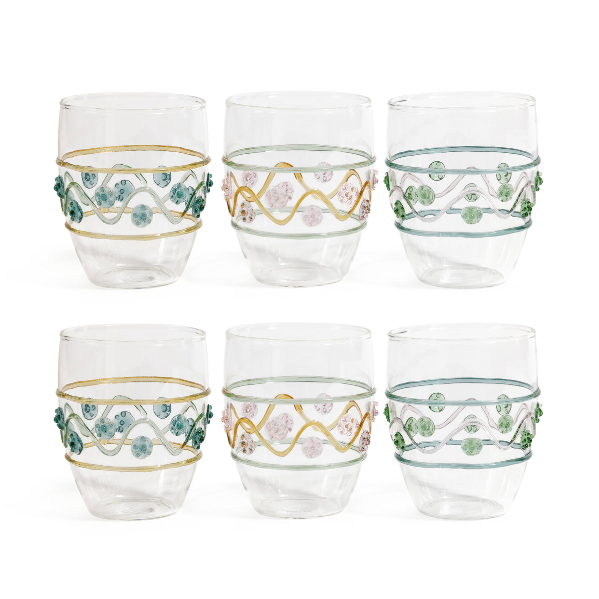 Zodax Festa Vetro Glass Tumblers, Set of 6 - Green, Amber, and Pink Tones