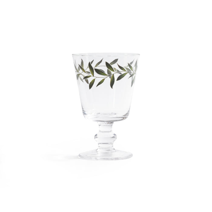 Clear glass with green leaf pattern on a white background