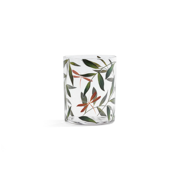 Clear glass tumbler with leaf pattern on a white background