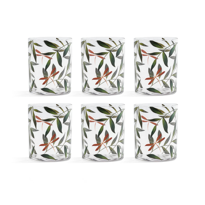 Set of six glass tumblers with leaf pattern on a white background