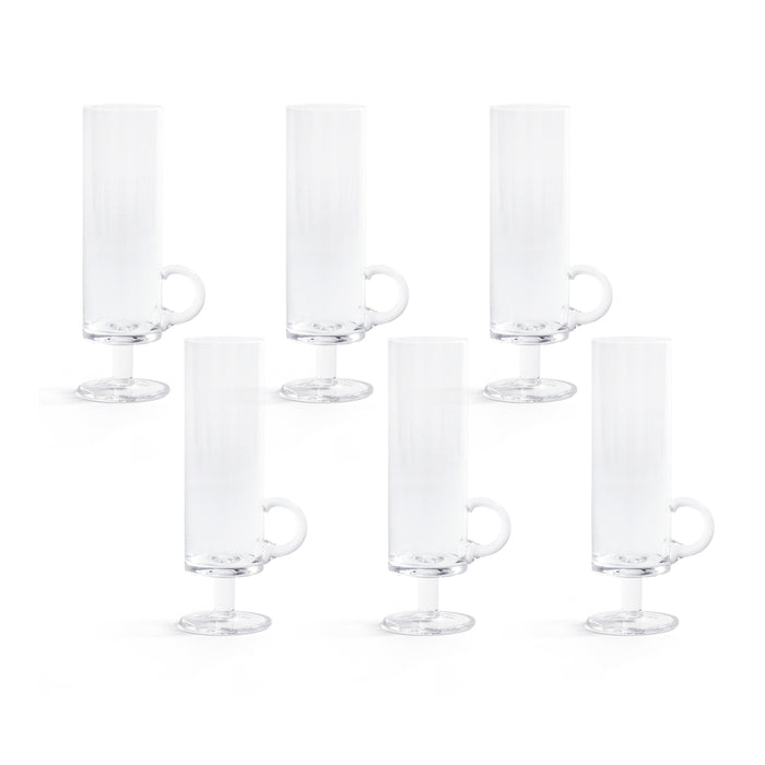 Set of six clear glass goblets on a white background