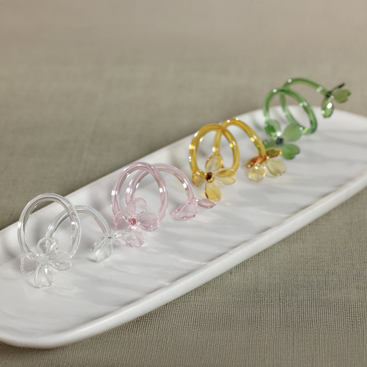 Zodax Botanica Clear Glass Flower Napkin Rings, Set of 4