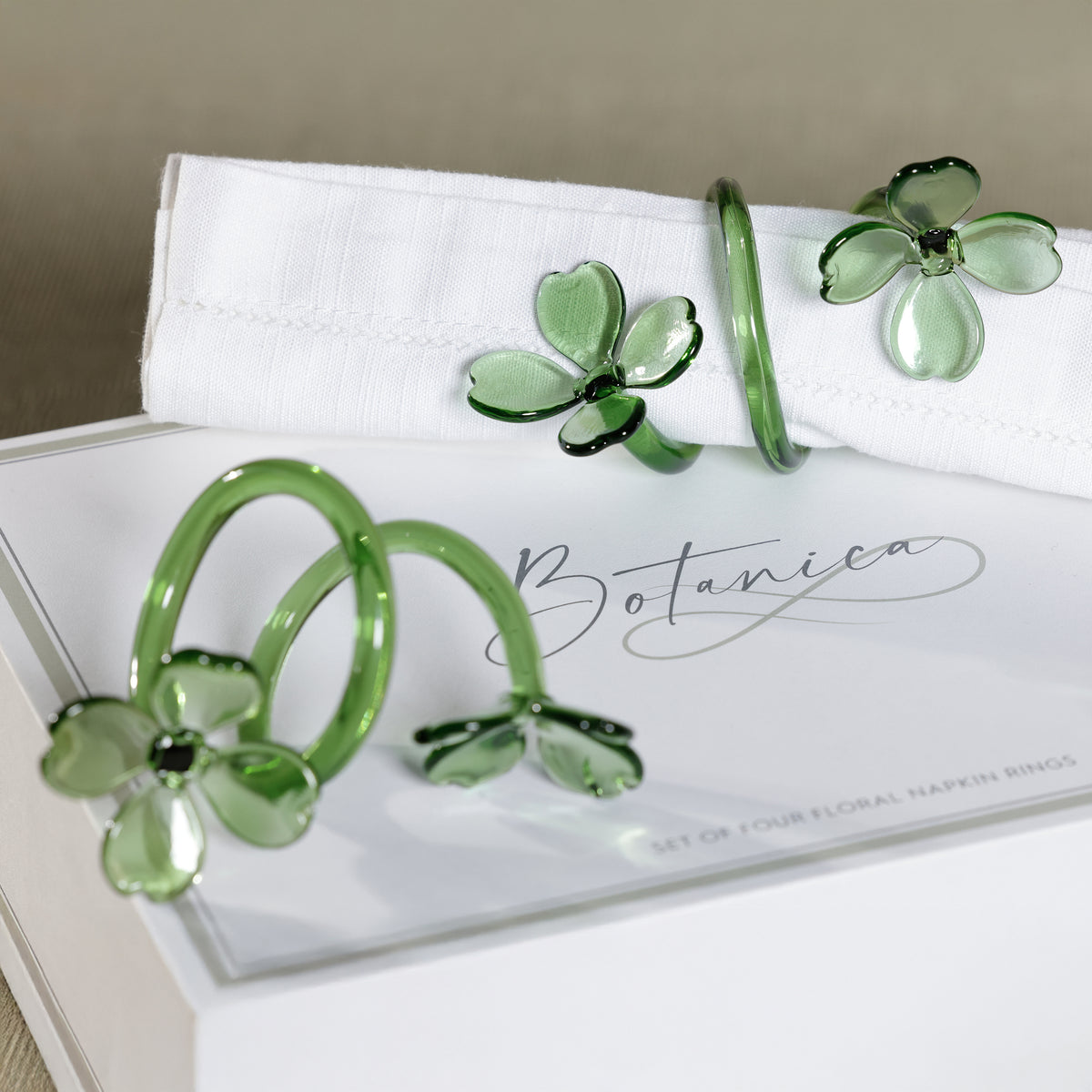 Zodax Botanica Green Glass Flower Napkin Rings, Set of 4