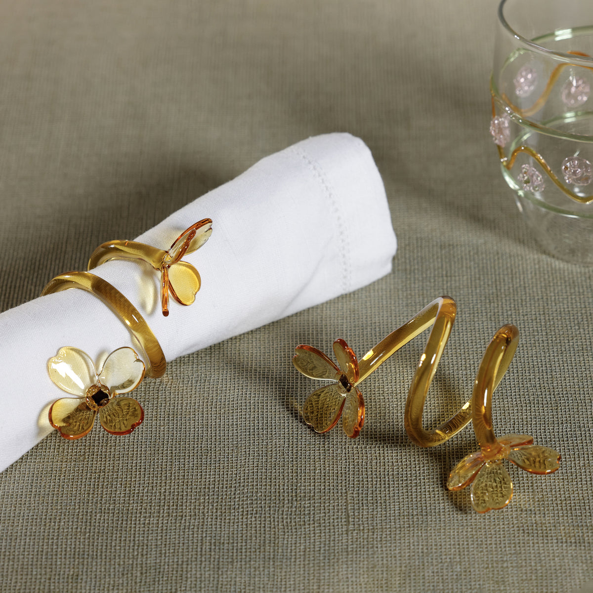 Zodax Botanica Amber Glass Flower Napkin Rings, Set of 4