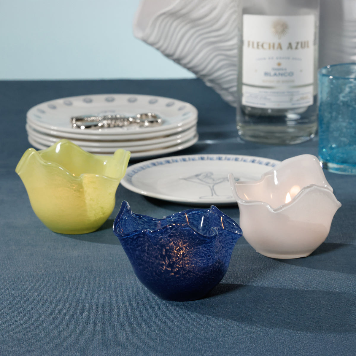Zodax Wavy Bowl Ocean Blue Glass Tealight Candle Holders, Set of 2