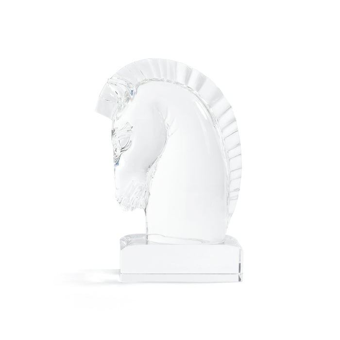 Clear glass horse figure on a white background