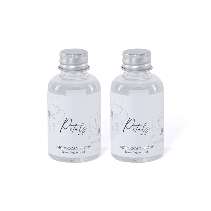 Two clear bottles with silver caps labeled 'Petals' on a white background
