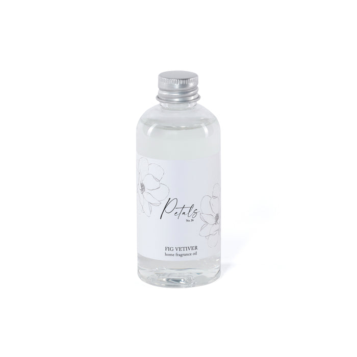 Clear bottle of Fig Vetiver home fragrance oil with a silver cap on a white background