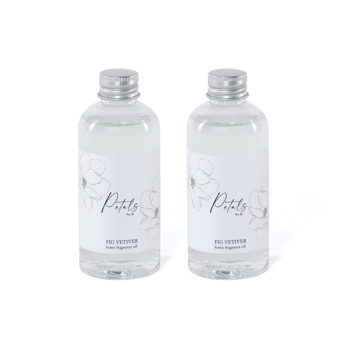 Two clear bottles with silver caps and floral labels on a white background