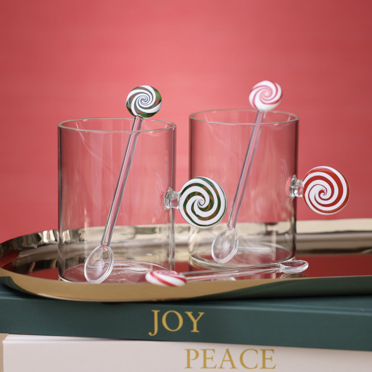 Zodax Holiday Peppermint Swirl Glass Spoons, Set of 8, Green & White