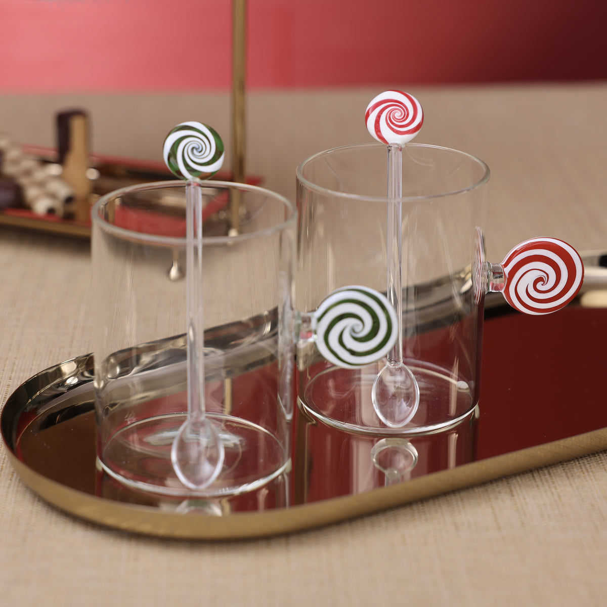 Zodax Holiday Peppermint Swirl Glass Spoons, Set of 8, Green & White