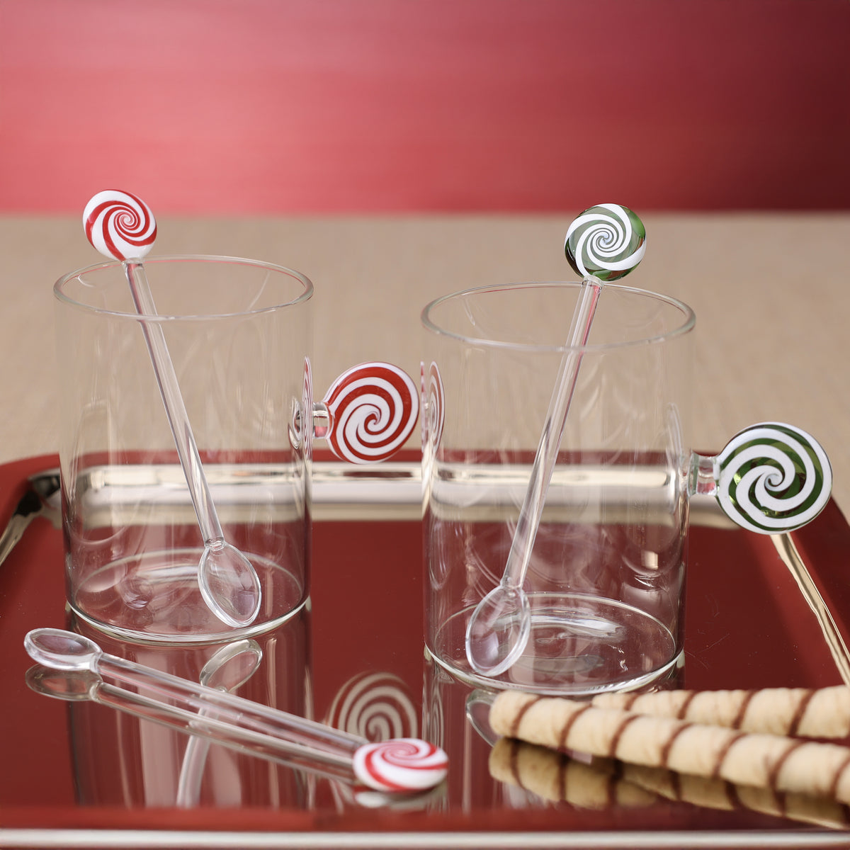 Zodax Holiday Peppermint Swirl Glass Spoons, Set of 8, Green & White