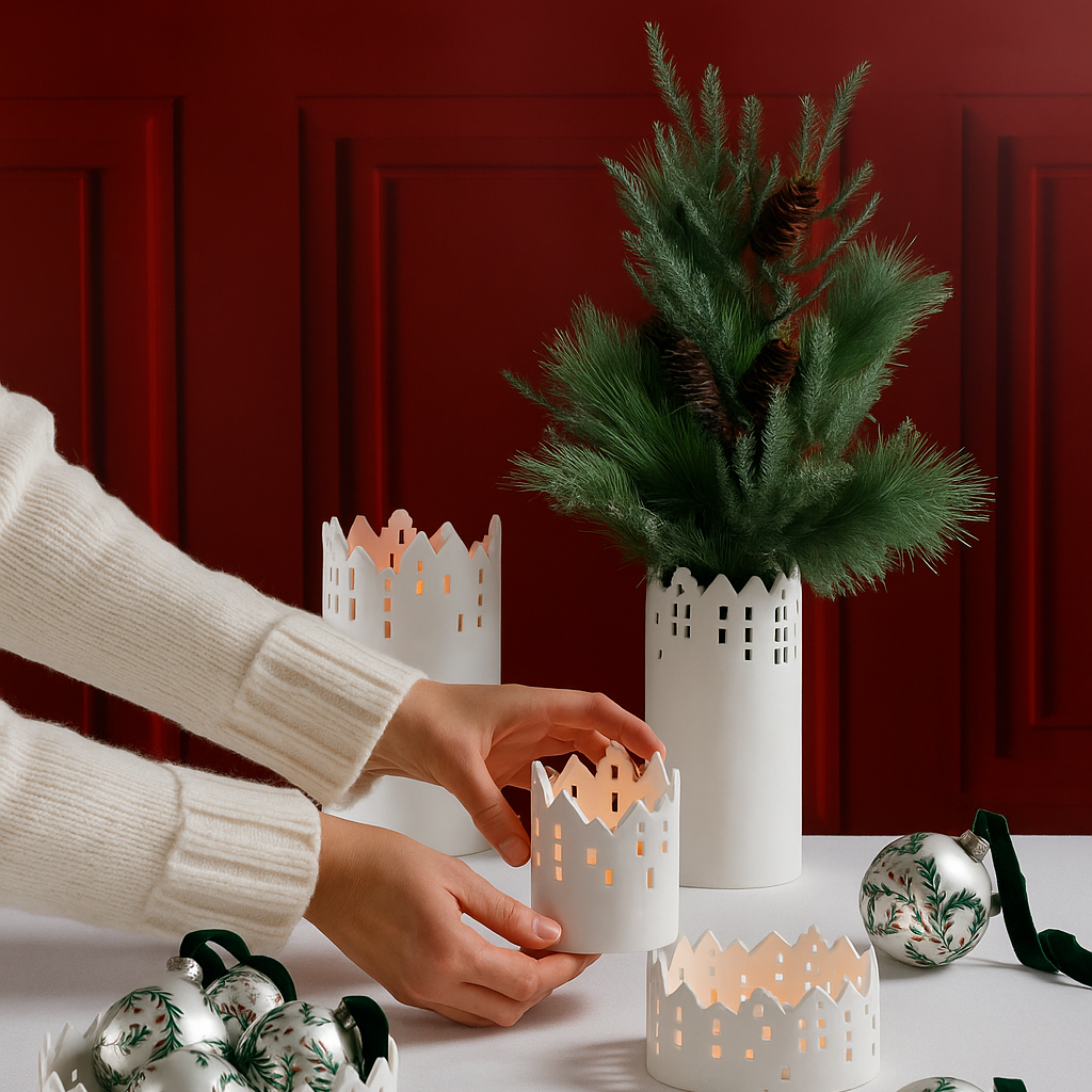 Decorative white candle holders with Christmas ornaments on a red wall background