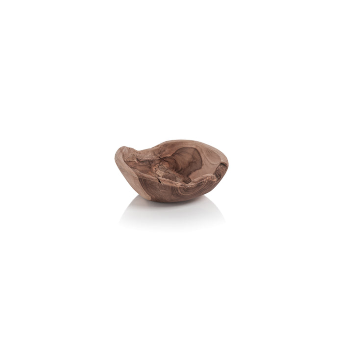 Small natural teakwood bowl with smooth grain, organic curved edges, brown hues, on white reflective surface.