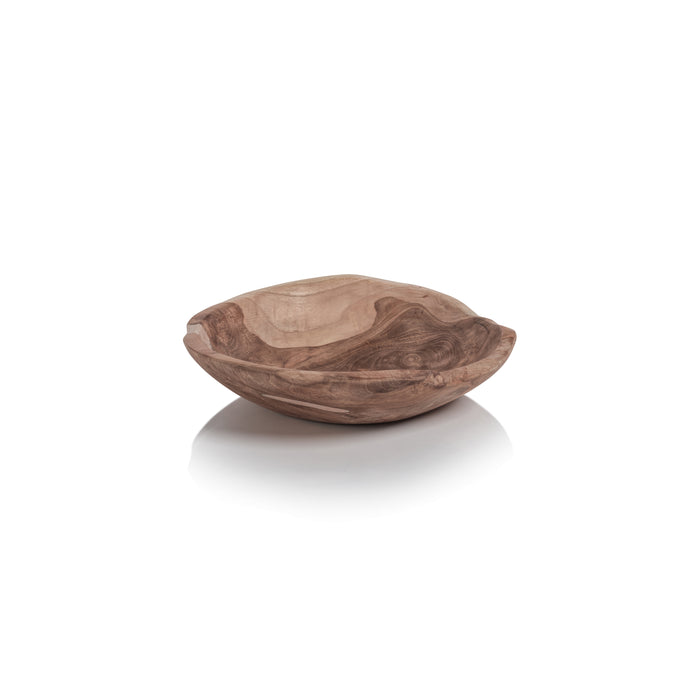 Natural teakwood bowl with organic curved shape and swirling grain, medium size, on white reflective surface.