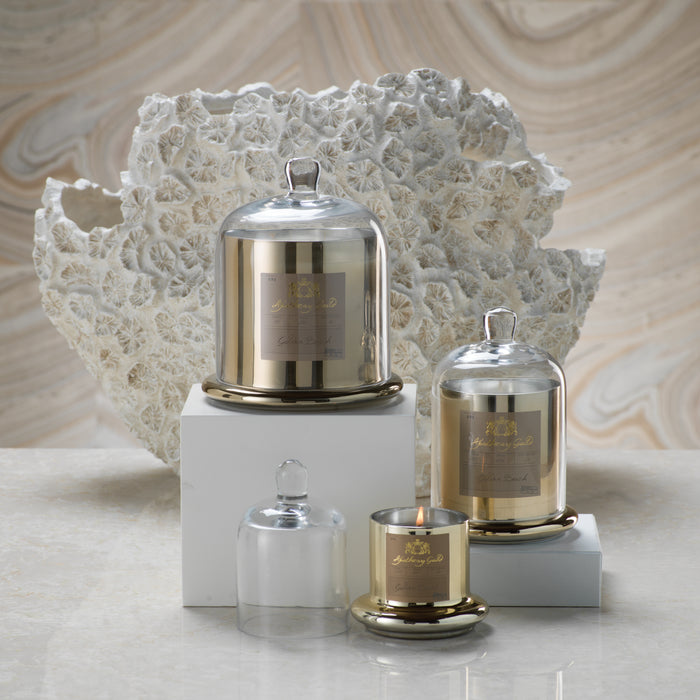 Zodax Golden Beach Scented Candle in Glass Jar with Bell Cloche Set, Medium