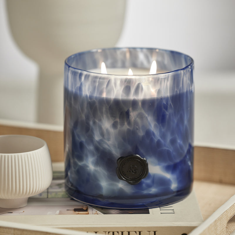 Zodax AG Opal Glass 3-Wick Candle Jar-Sea Salt Coastal Mist, Clear & Dark Blue