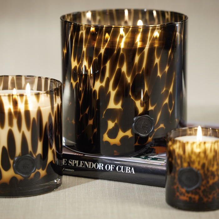 Tortoiseshell amber glass candle jar set with black logo seal; large, medium, and small jars with lit wicks on a table, book