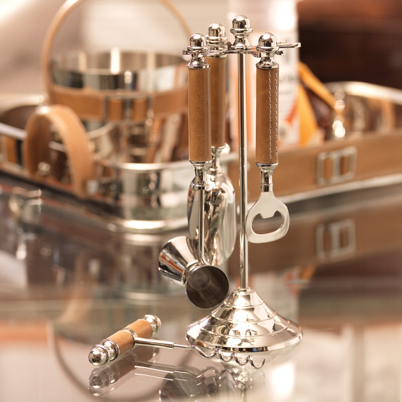 Zodax Polished Nickel and Leather Bar Tool Set