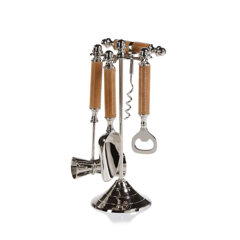Zodax Polished Nickel and Leather Bar Tool Set