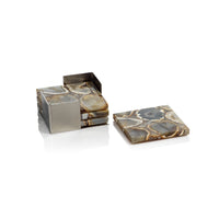 Zodax Corfu 4-Piece Set Agate Coasters on Metal Tray, Taupe, Brown