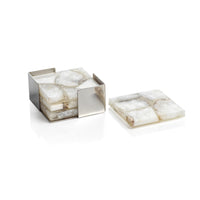 Zodax Corfu 4-Piece Set Agate Coasters on Metal Tray, Taupe, White