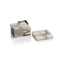 Zodax Corfu 4-Piece Set Agate Coasters on Metal Tray, Taupe, White