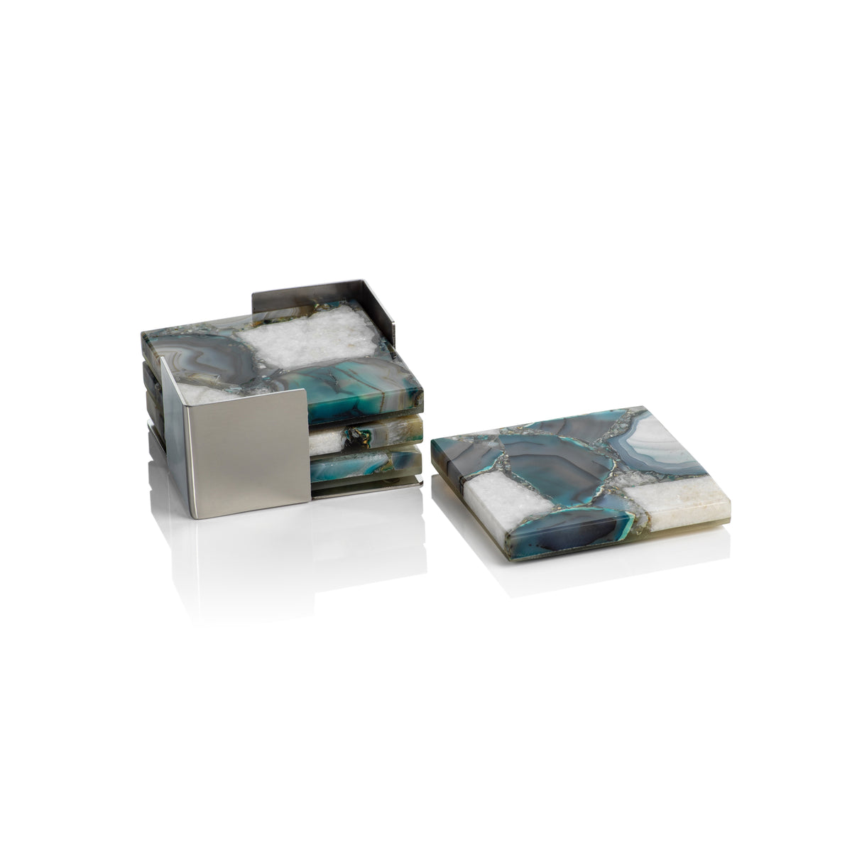 Zodax Corfu 4-Piece Set Agate Coasters on Metal Tray, Green, White