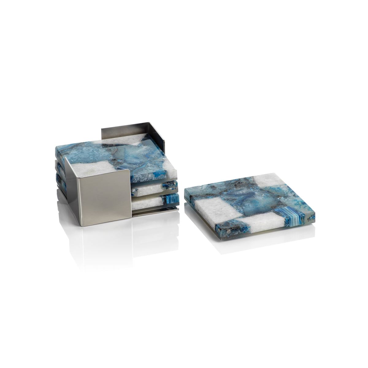 Zodax Corfu 4-Piece Set Agate Coasters on Metal Tray, Blue, White