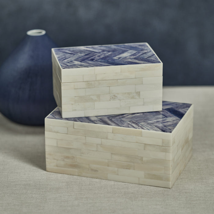 Zodax Mahar Bone Box w/ Blue Herringbone Pattern Lid, Small