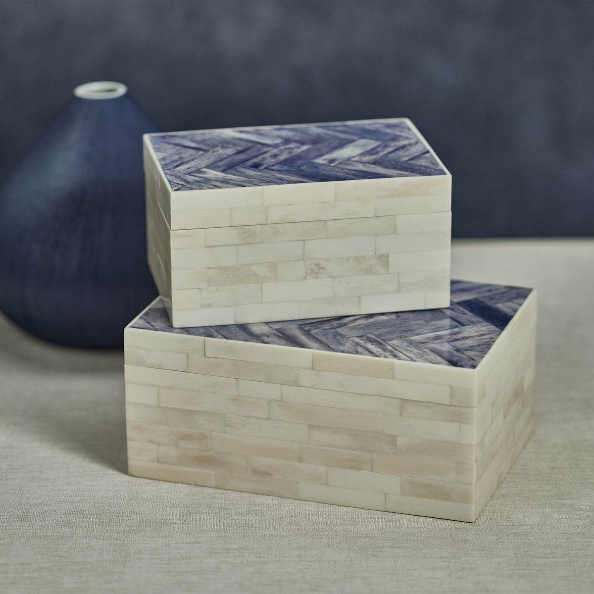 Zodax Mahar Bone Box w/ Blue Herringbone Pattern Lid, Large