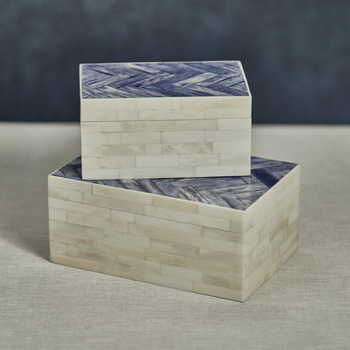 Zodax Mahar Bone Box w/ Blue Herringbone Pattern Lid, Large
