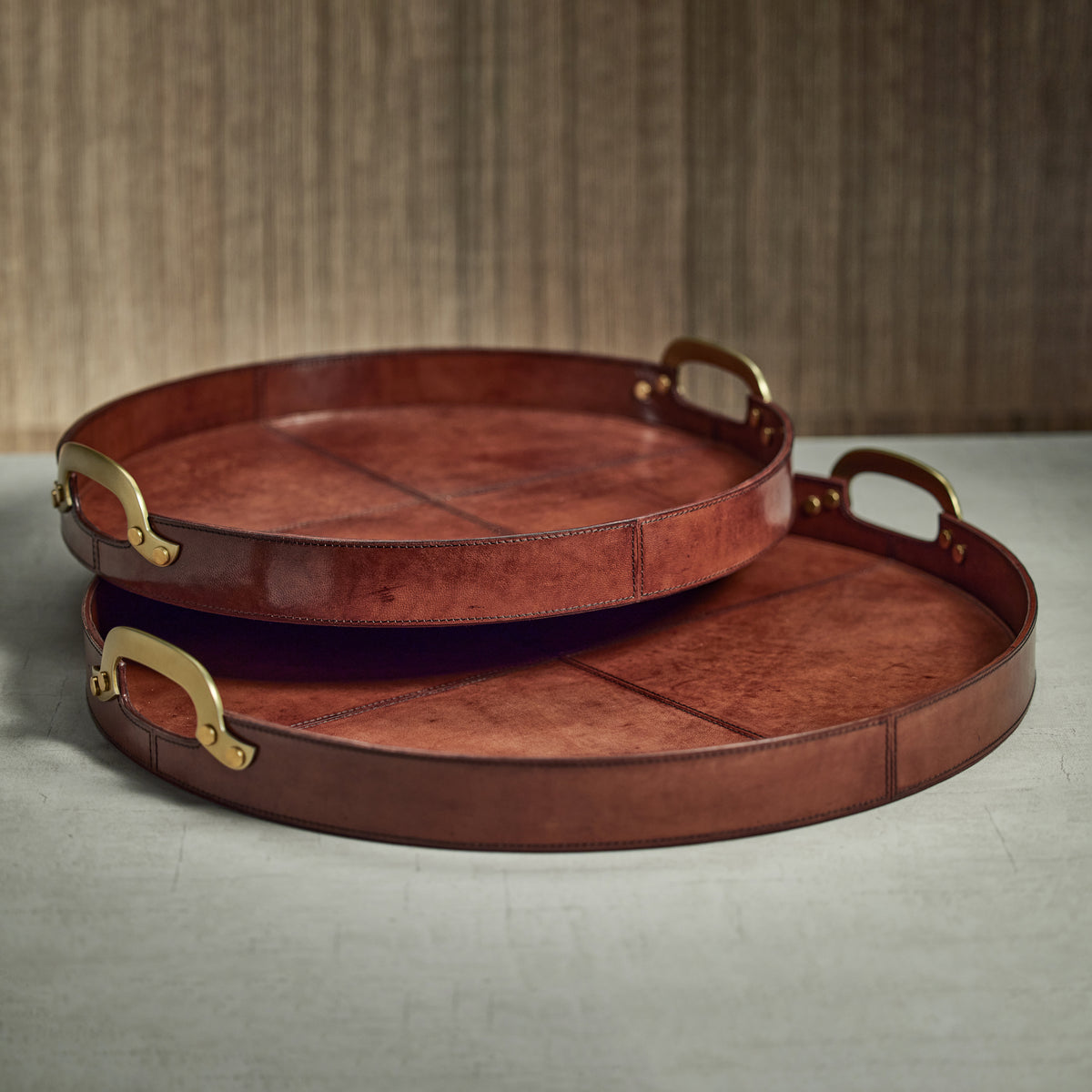 Zodax Harlow Leather with Brass Handles Round Tray, 20", Almond Brown