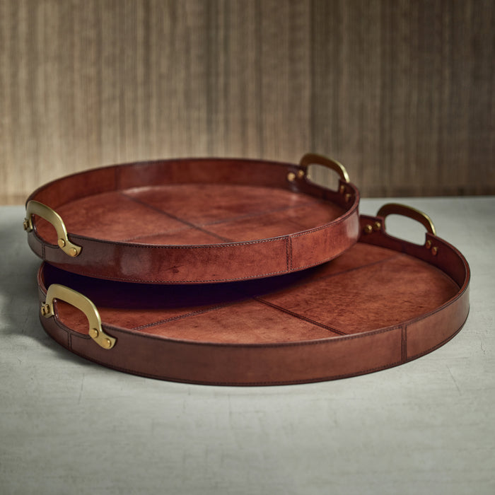 Zodax Harlow Leather with Brass Handles Round Tray, 20", Almond Brown