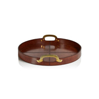 Zodax Harlow Leather with Brass Handles Round Tray, 20", Almond Brown