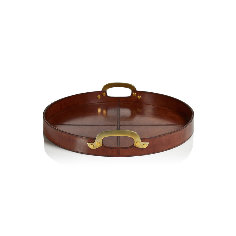 Zodax Harlow Leather with Brass Handles Round Tray, 20", Almond Brown