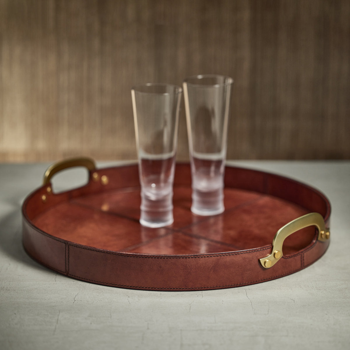 Zodax Harlow Leather with Brass Handles Round Tray, 24", Almond Brown